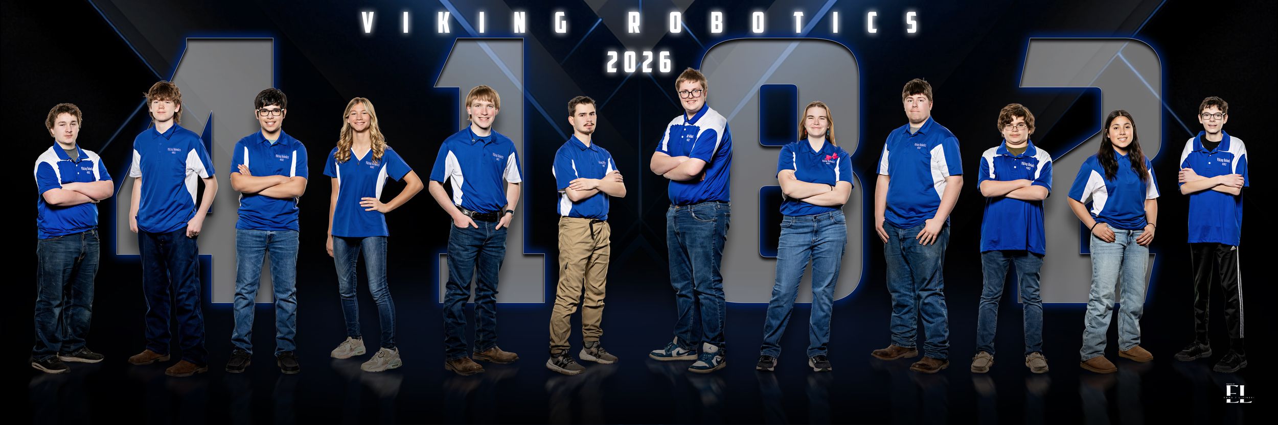 Viking Robotics 2026 team panoramic photo with members in blue uniforms.