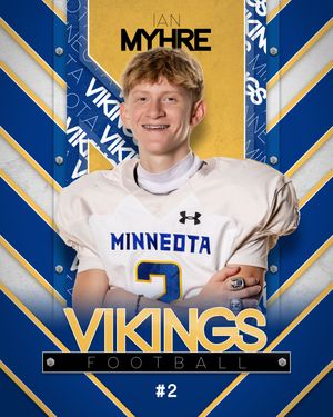 Ian Myhre, Minneota Vikings Football #2, smiles in white Under Armour jersey on blue background.