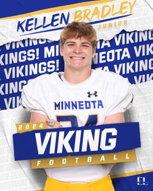 Kellen Bradley, Minneota Vikings junior football player number 34, smiles in 2024 Viking Football promo.