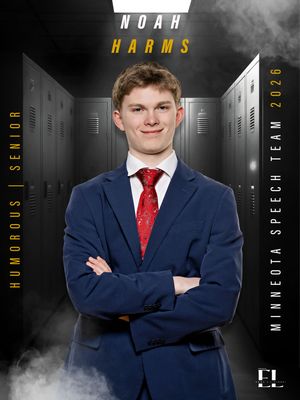 Noah Harms Minneota Speech Team 2026 senior portrait in navy suit with red tie.