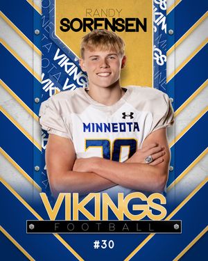 Randy Sorensen #30 Minneota Vikings Football senior player portrait in blue and gold uniform.