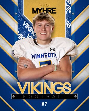 Sam Myhre, Minneota Vikings Football player number 7, poses with arms crossed in white jersey.