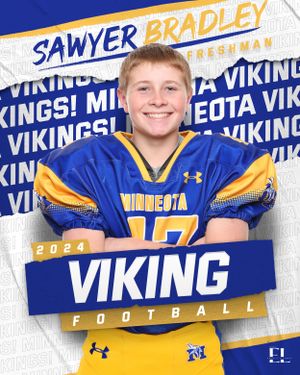 Sawyer Bradley, 2024 Minneota Vikings freshman football player #17, smiles in blue and gold uniform.