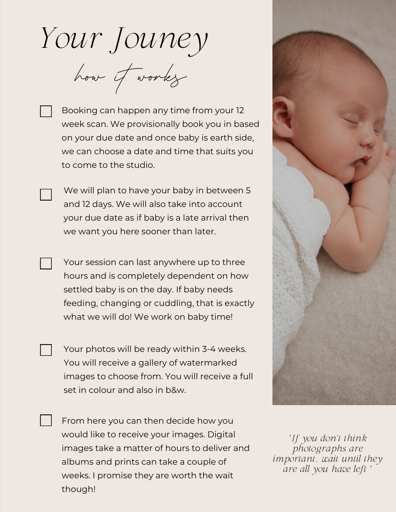 Newborn photography studio guide showing a sleeping baby in Cornwall new born photography studio with booking instructions.