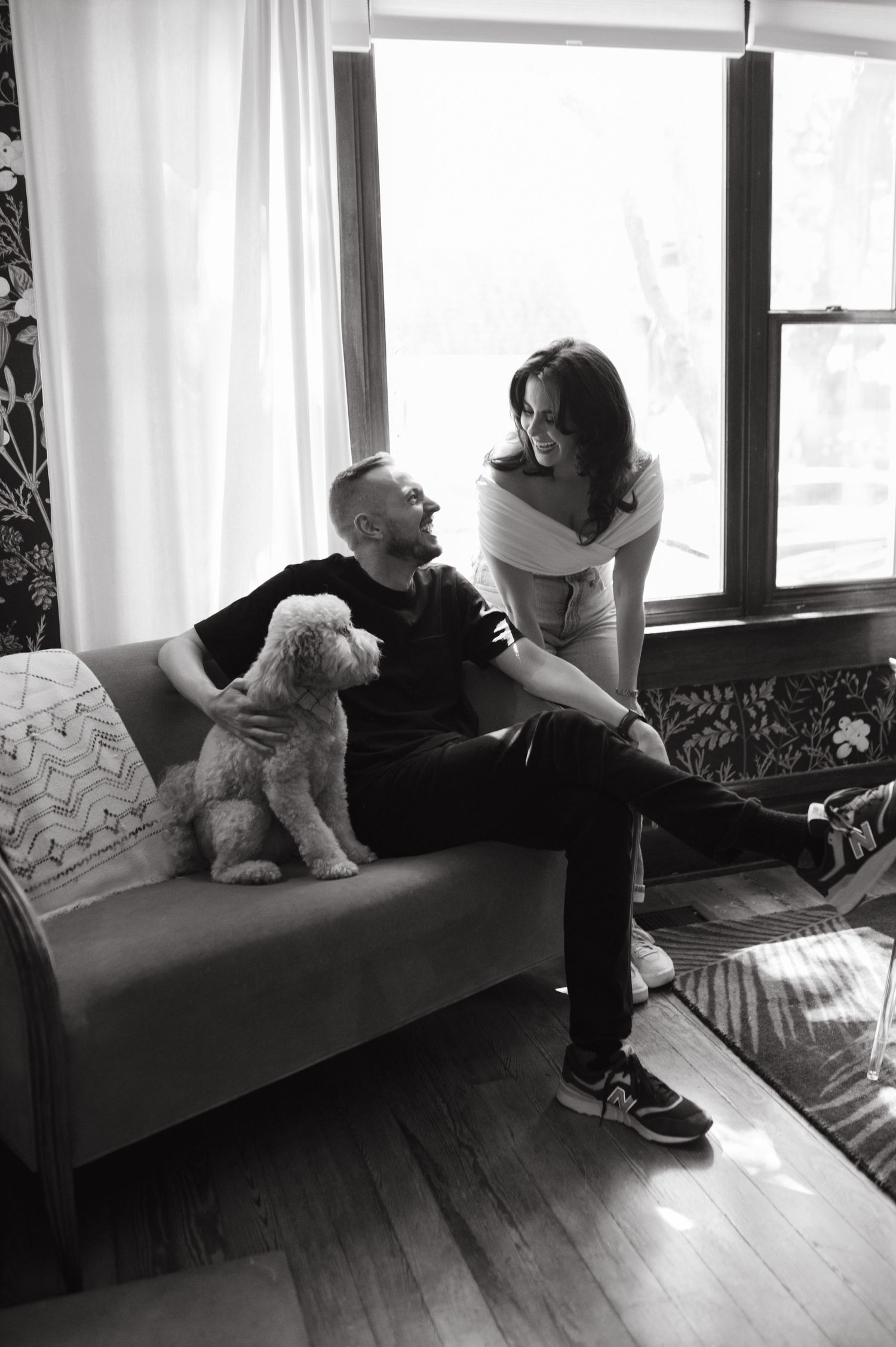 Casual living room scene with a small white dog on a couch near a sunlit window.