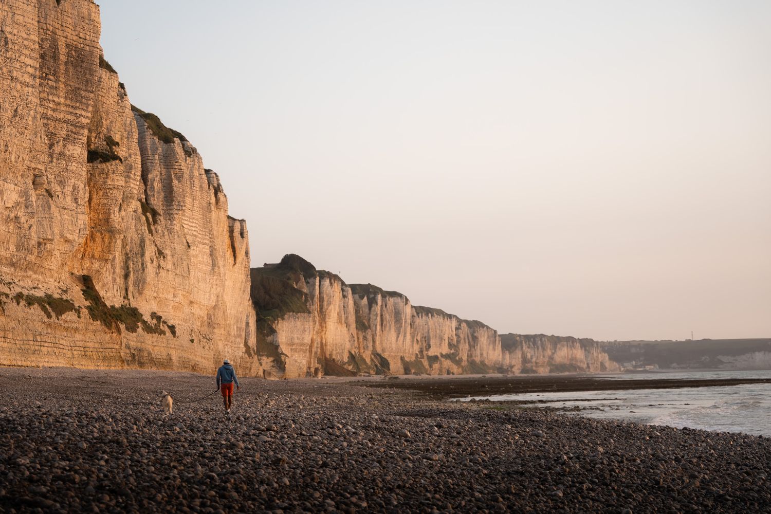 Falaises de Fécamp en Normandie sur la côte d'Albâtre en Seine-Maritime. Un vacancier et son chien se promènent sur plage face à La Manche