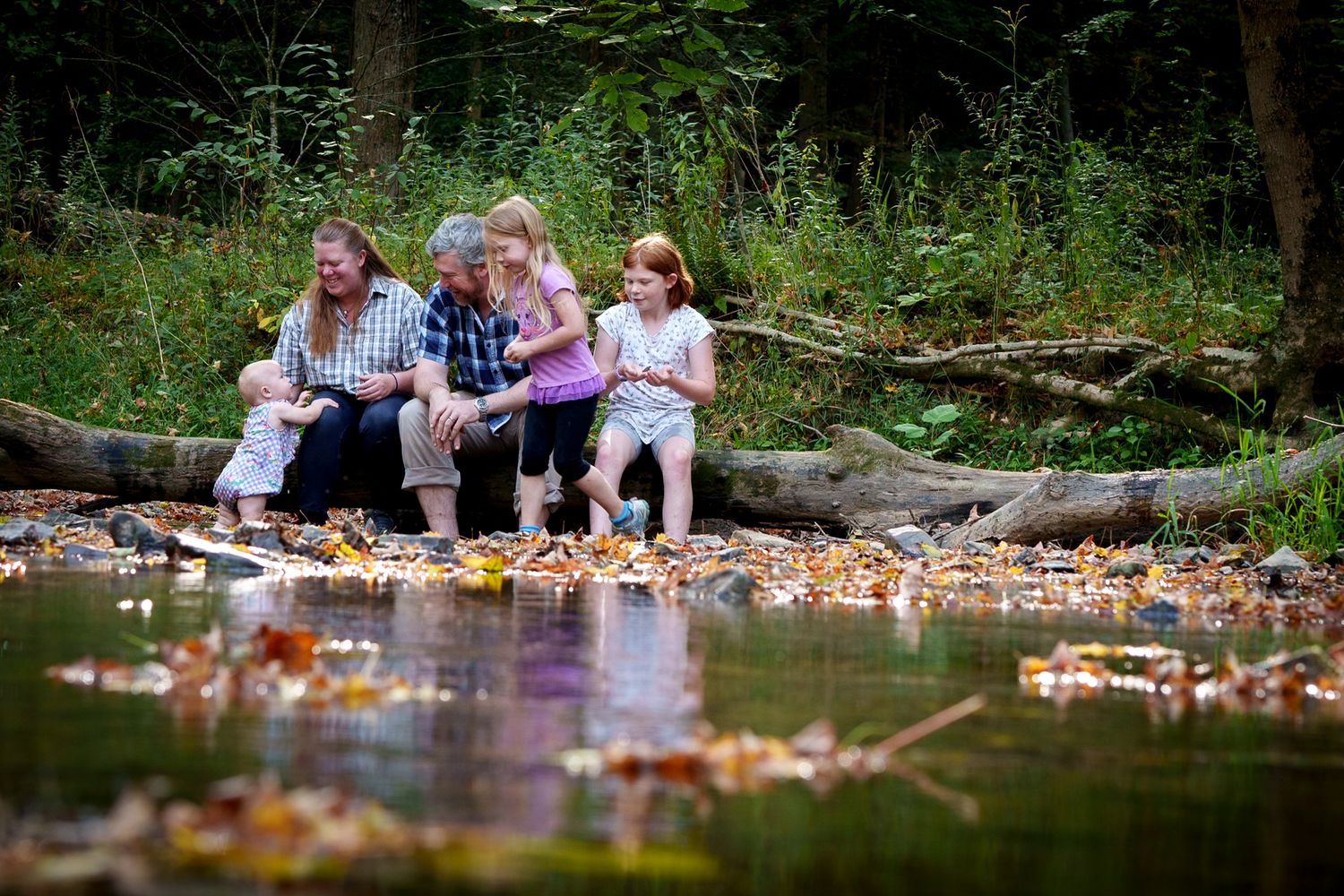 A group sits together on a fallen log by a peaceful woodland stream surrounded by autumn leaves and forest foliage.