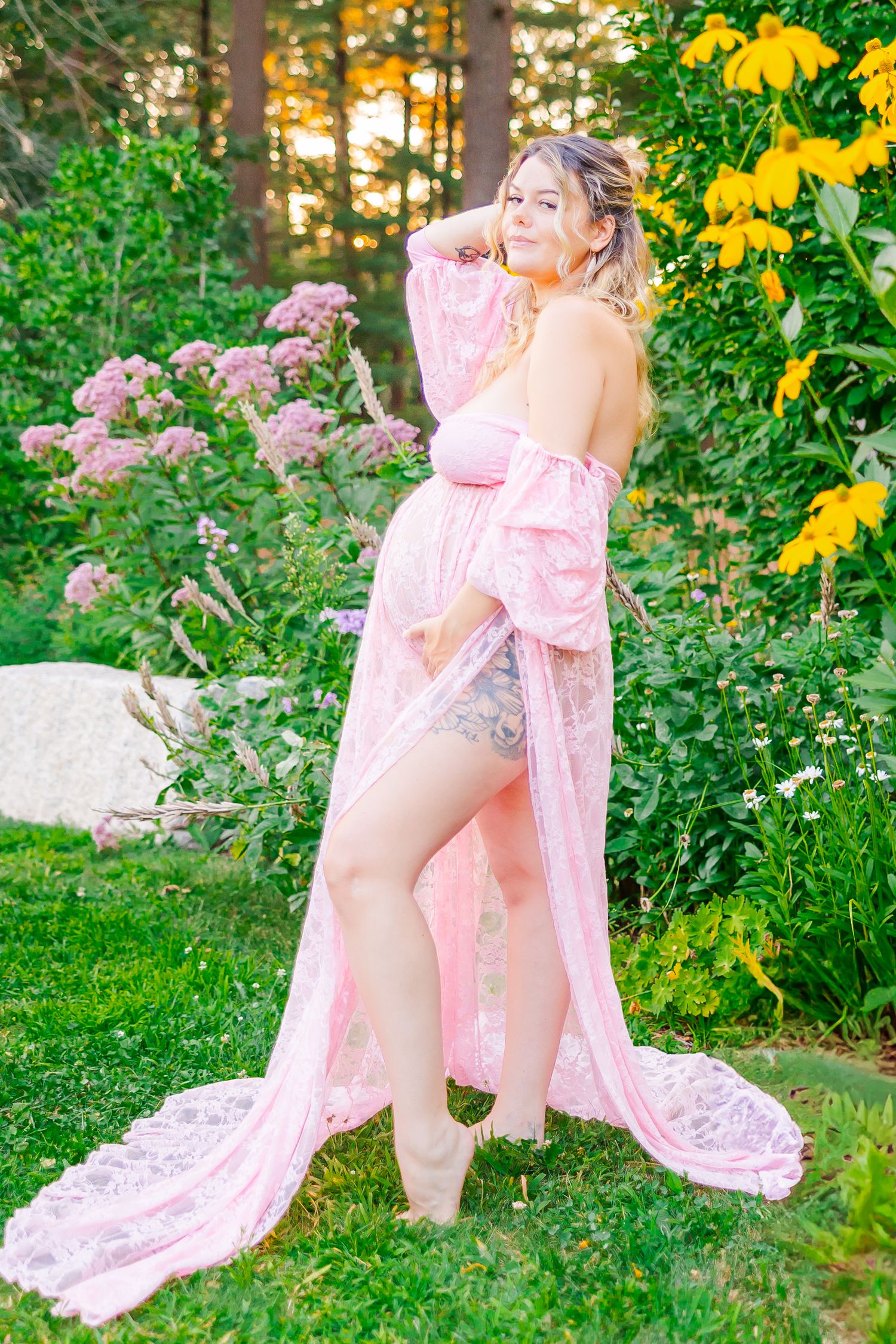 Five sequential photos show a dreamy garden scene with pink lace dress in golden sunlight against floral backdrop.
