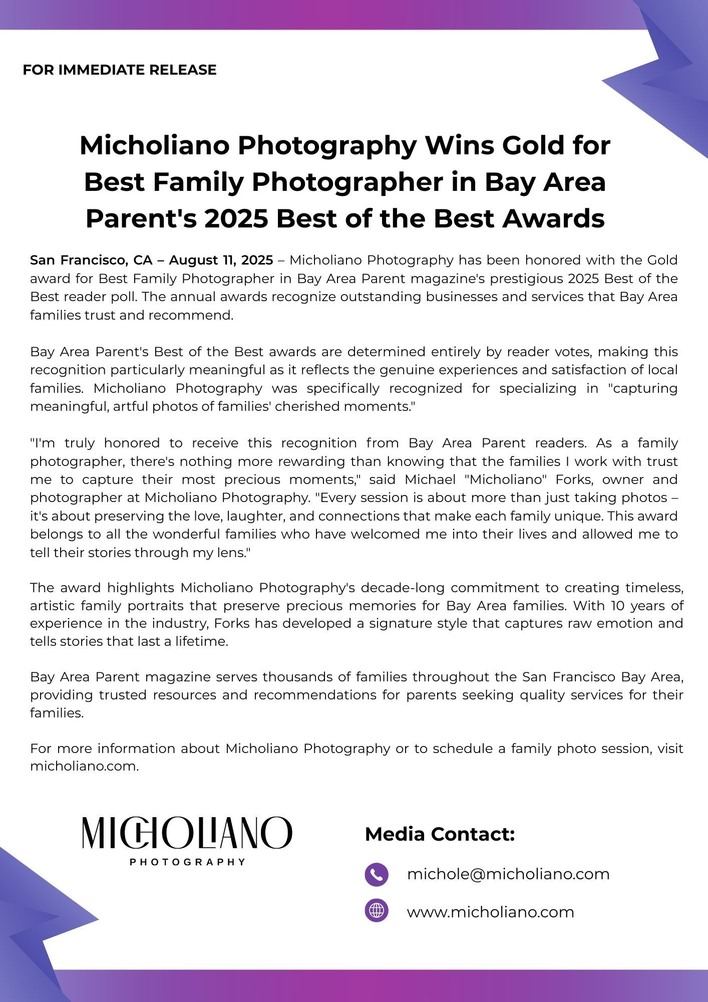 Press release announcing Micholiano Photography winning Gold for Best Family Photographer in Bay Area Parent's Best of Best Awards.