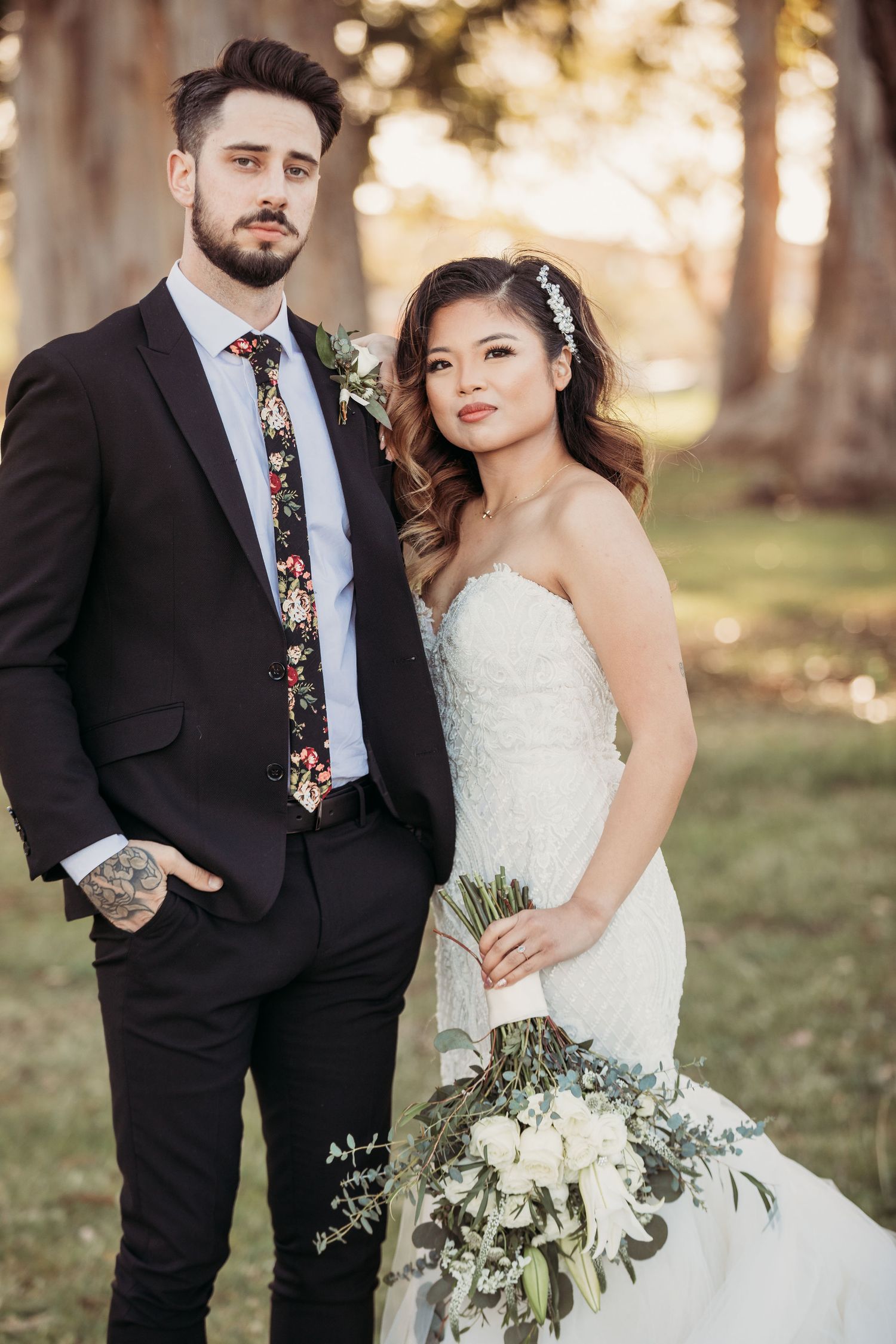 Romantic wedding photo series showing couple in black suit and white dress with floral bouquet in golden sunset lighting.