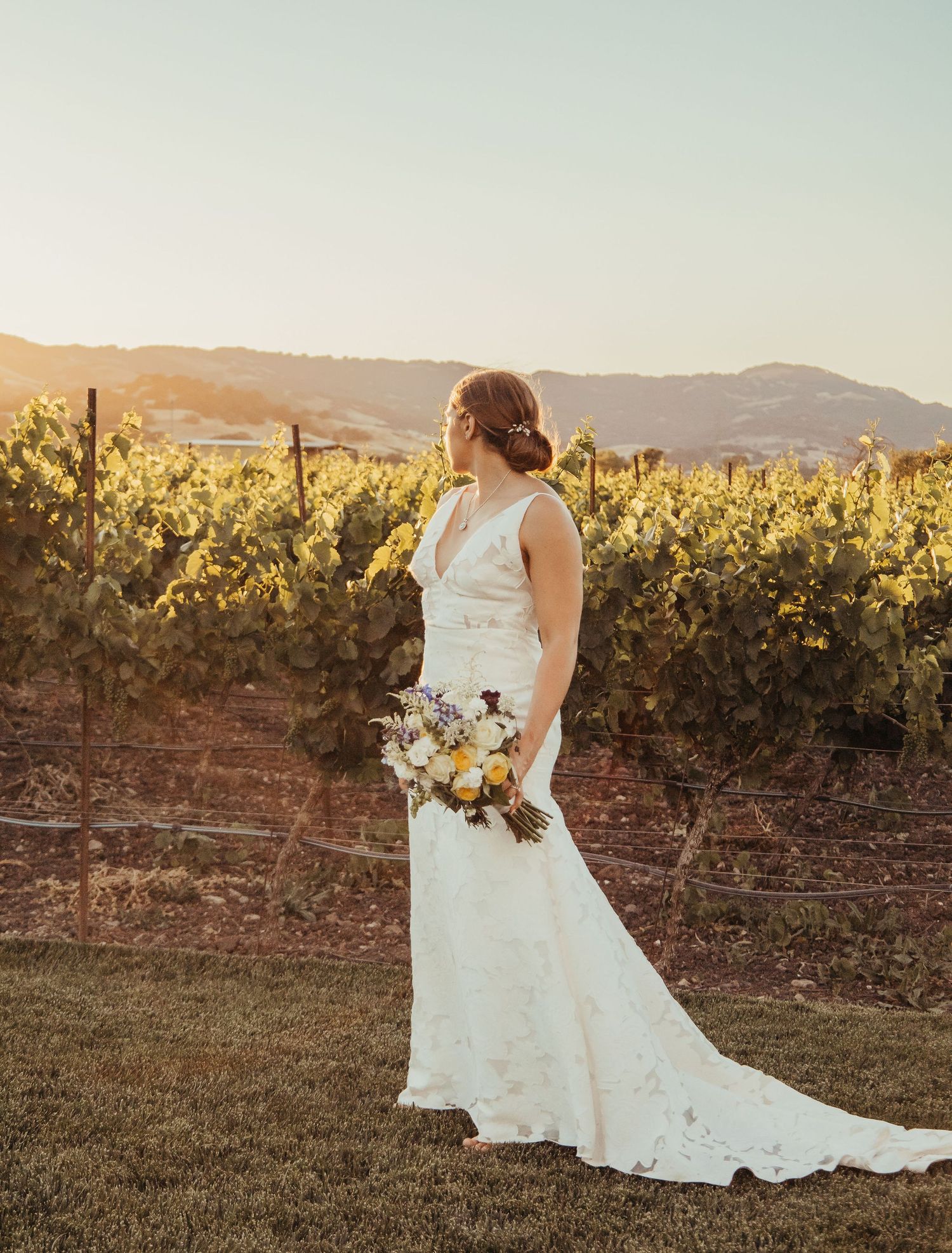 A person in an elegant white wedding dress holding a bouquet stands in a golden vineyard at sunset.