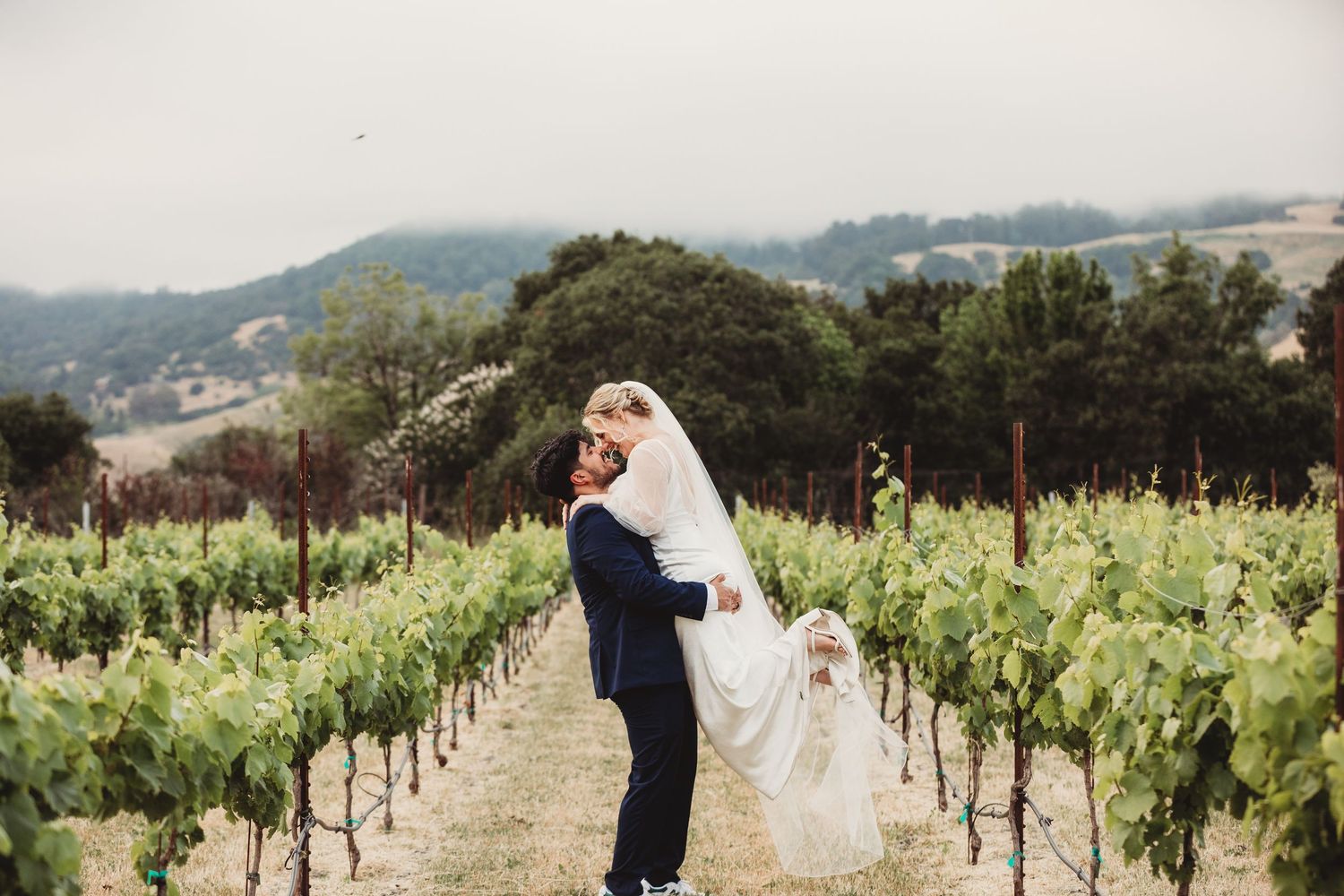 A couple embraces in a romantic moment between rows of grapevines at a scenic vineyard.