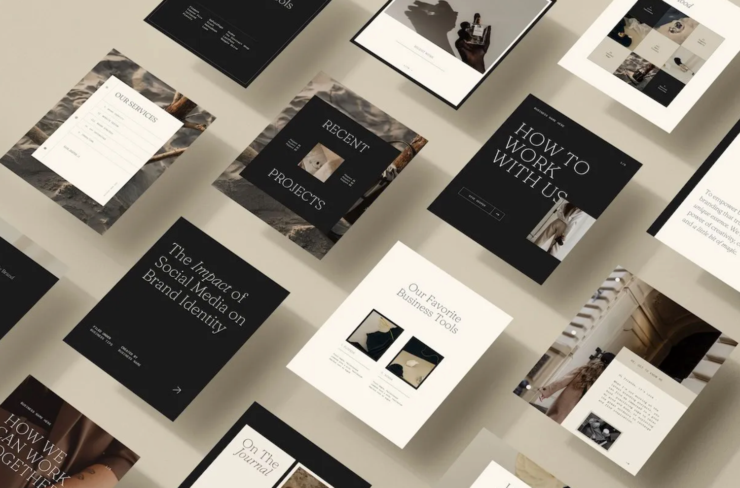 A collection of professional black and white branding materials and marketing collateral arranged in a flat lay composition.