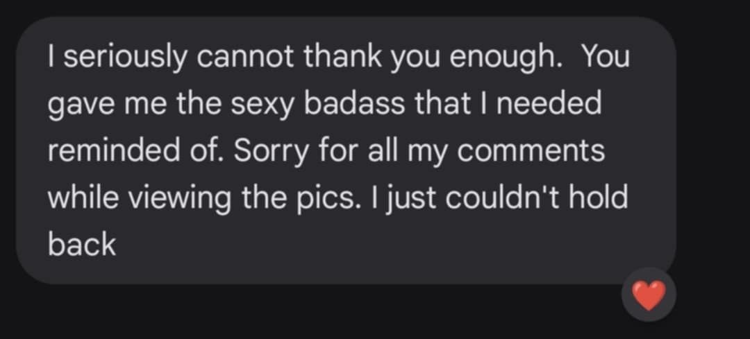 A screenshot of a dark themed message expressing gratitude and apology for previous comments about shared photos.