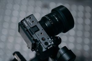 Black Sony mirrorless digital camera with mounted lens against bokeh background.