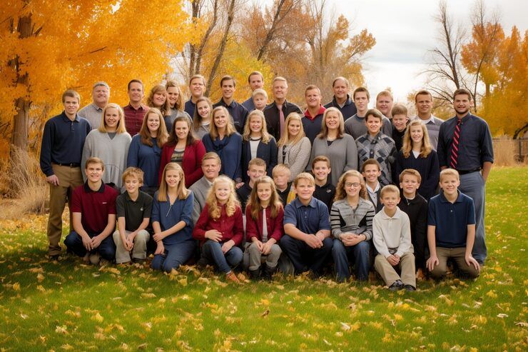 Large extended family group gathered outdoors for a portrait at sunset in a park setting.