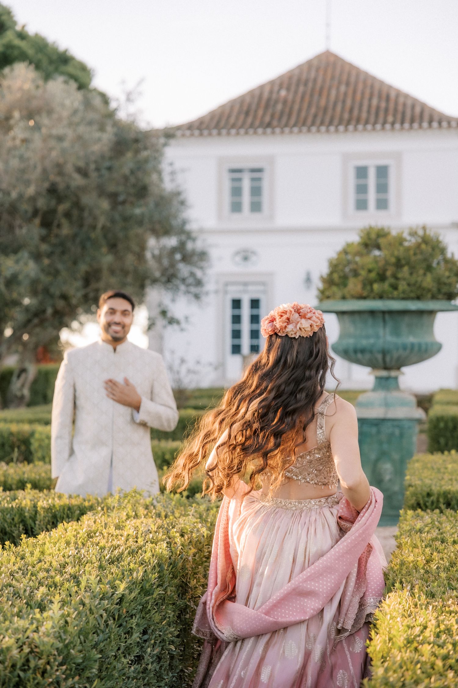 joyful multicultural couple running Casa Bons Ares wedding inspiration