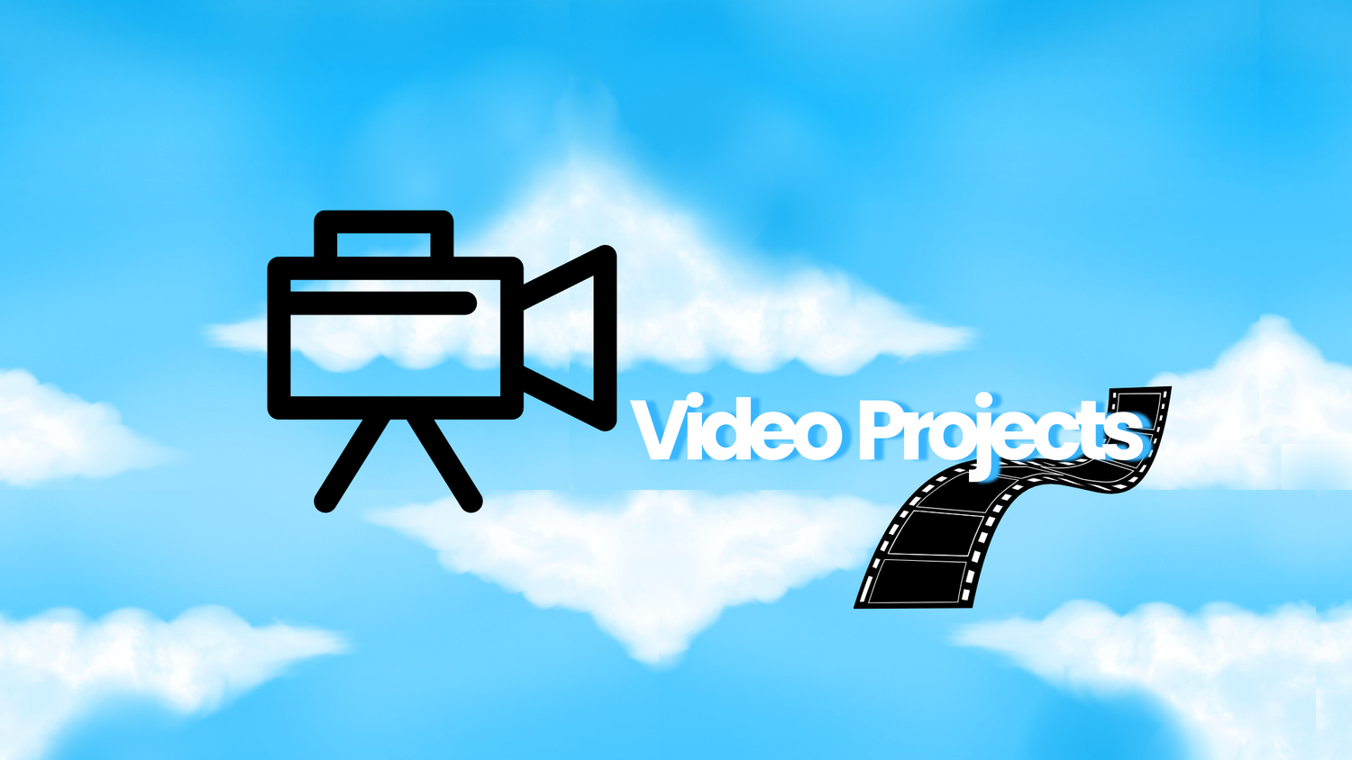 Video production icons and symbols against a bright blue sky background with white clouds.