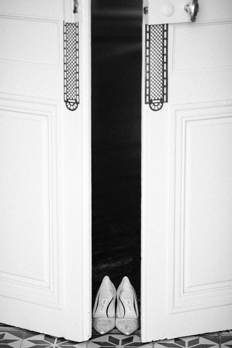 Bridal Jimmy Choo shoes waiting inside Château Barthél at getting ready