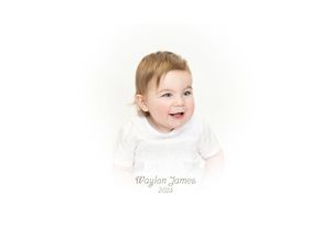 A series of four studio photos showing a young child in a white shirt against a white background, smiling and laughing.