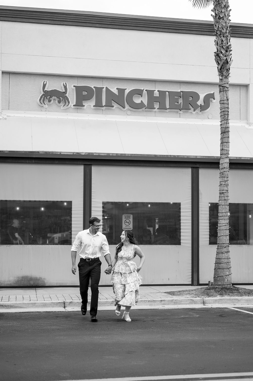 Black and white photo sequence showing figures walking and running outside a storefront with palm trees.