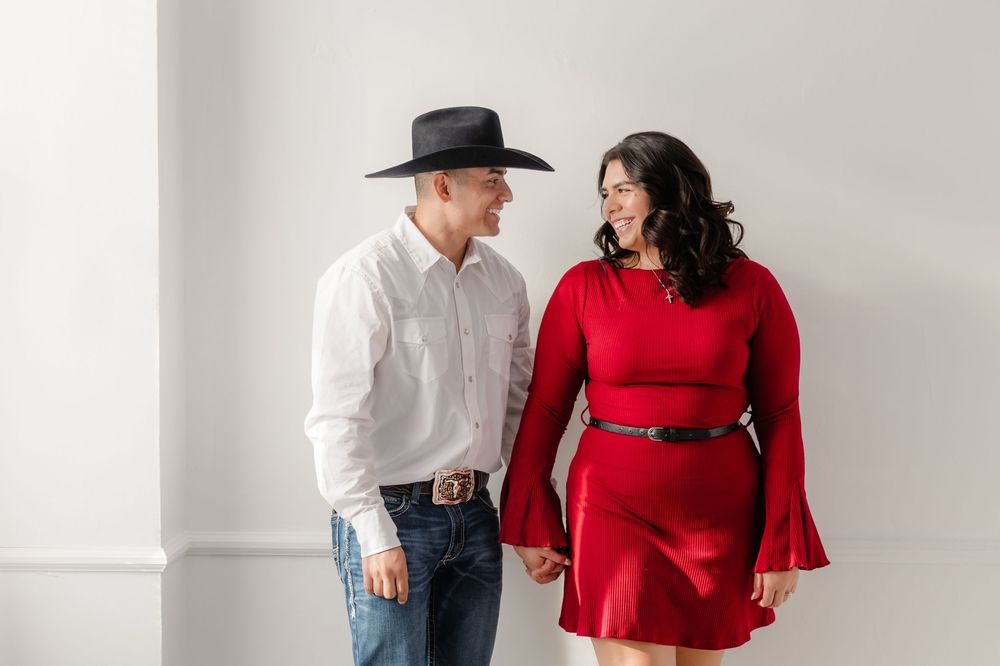 Couple in coordinating outfits with woman in red sweater sharing intimate moments across four connected photos.