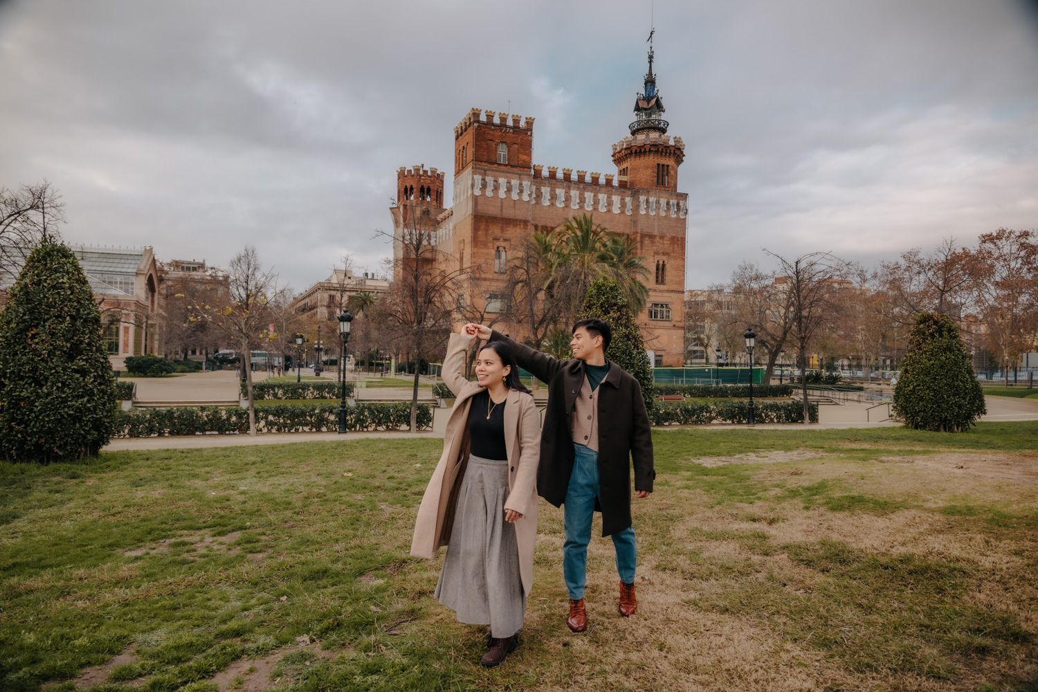 Tender embrace winter morning Barcelona Engagement photoshoot Barcelona BarcelonaLoversPH
