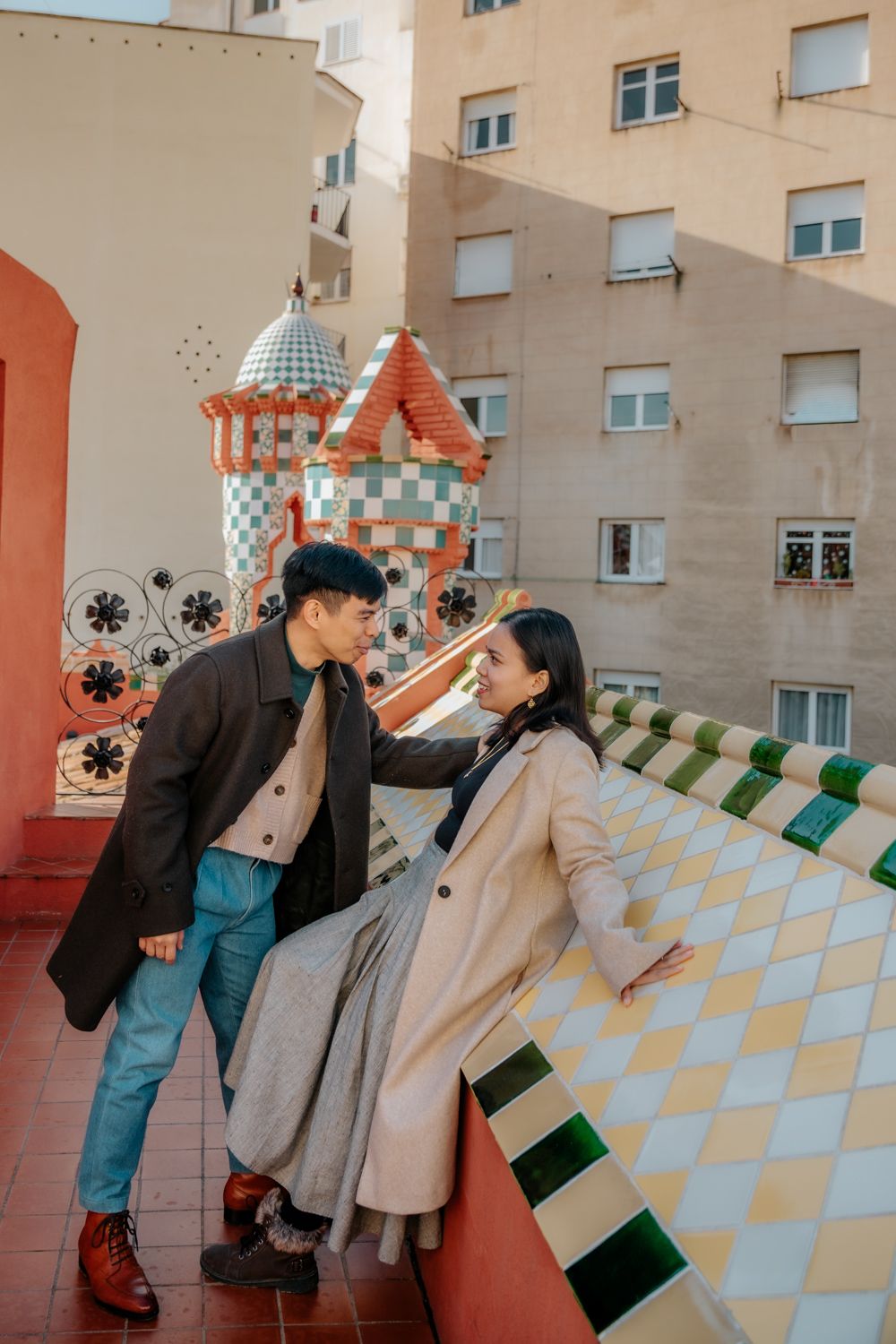 Tender forehead touch winter Barcelona Engagement photoshoot Barcelona BarcelonaLoversPH