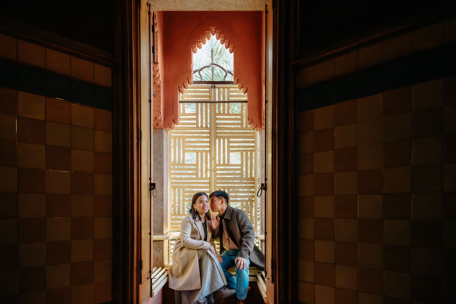 Playful couple walking down Ciutadella steps Engagement photoshoot Barcelona BarcelonaLoversPH
