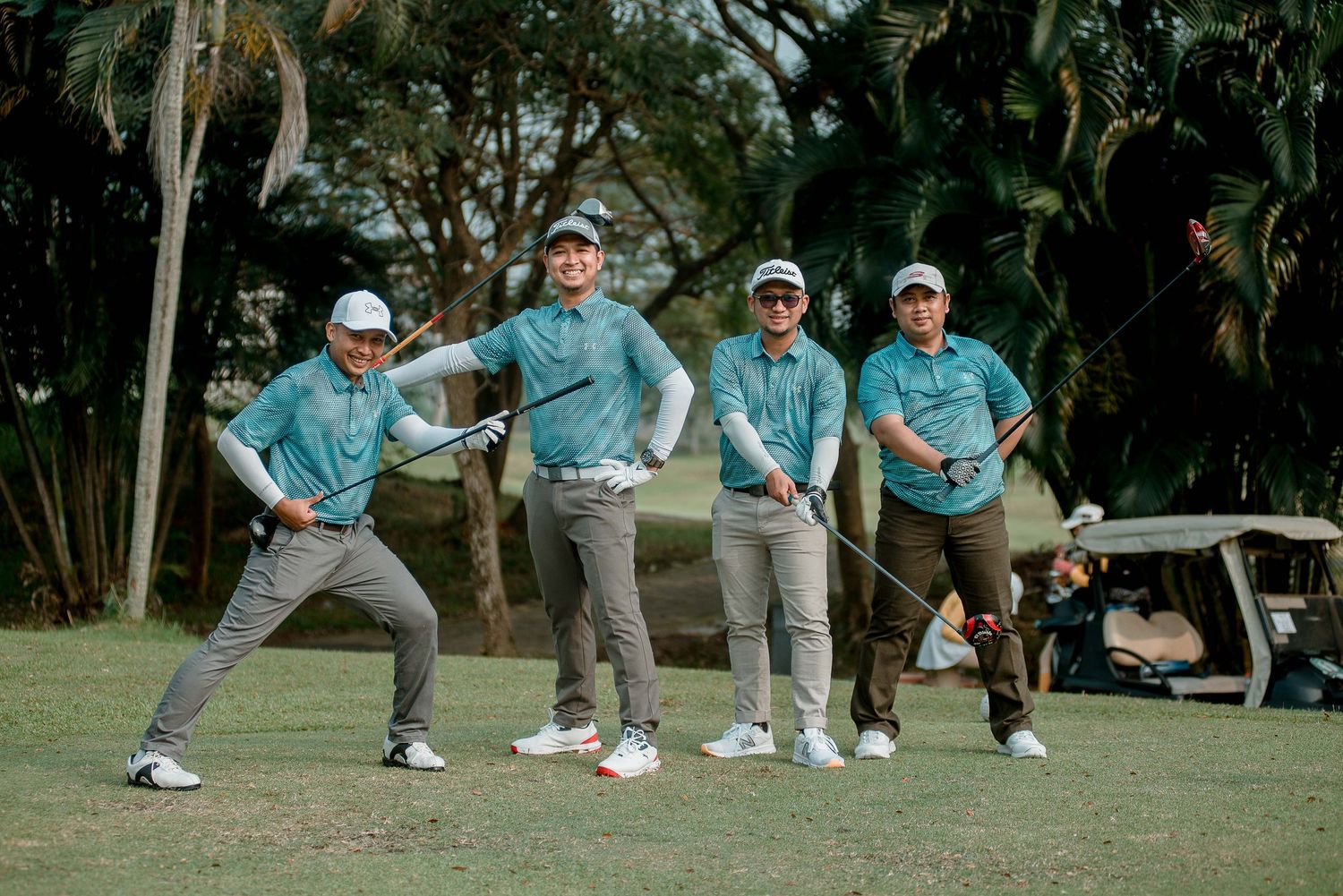 A series of playful action shots showing people in matching outfits performing synchronized movements outdoors.