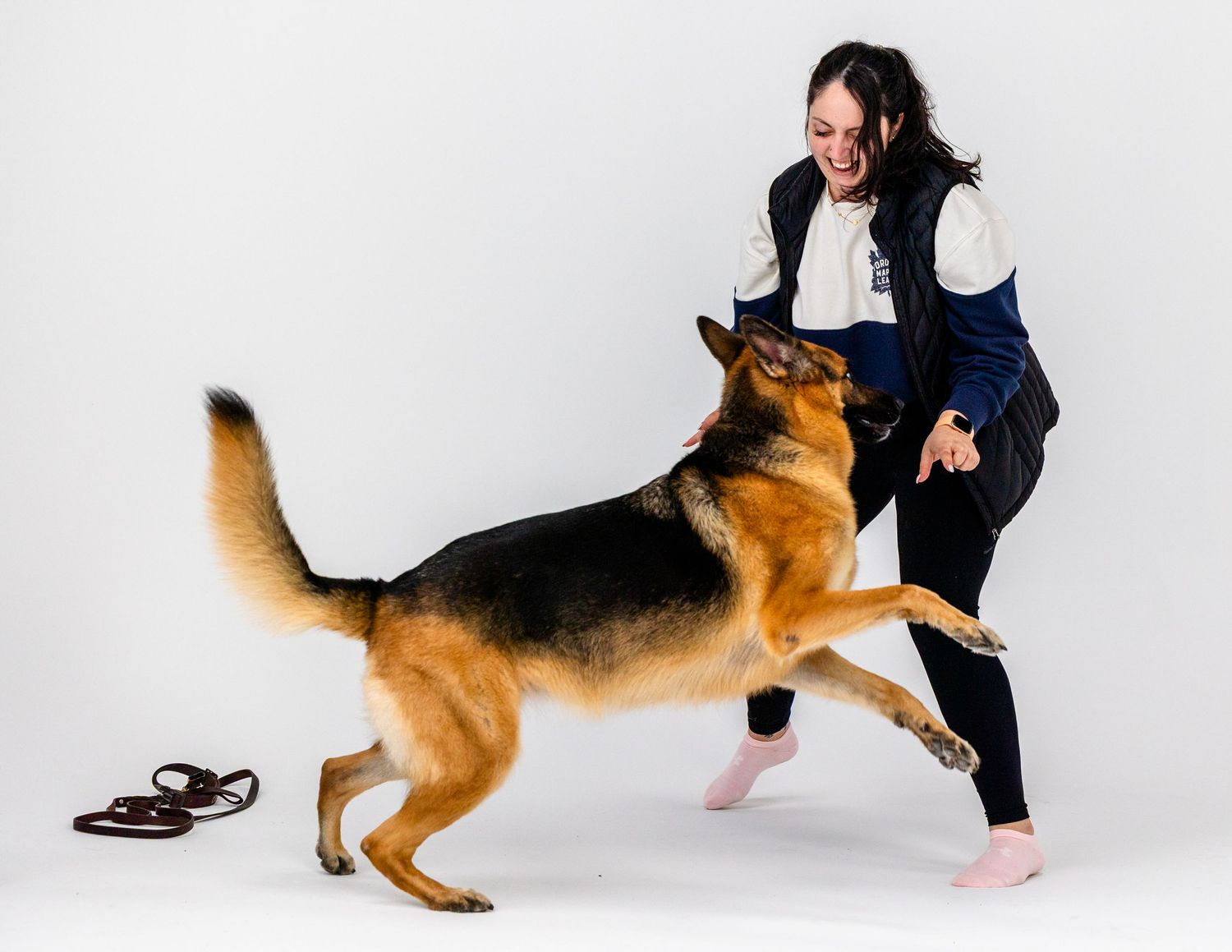 A German Shepherd dog performs a high-energy jump sequence in a studio setting with a trainer against a white background.