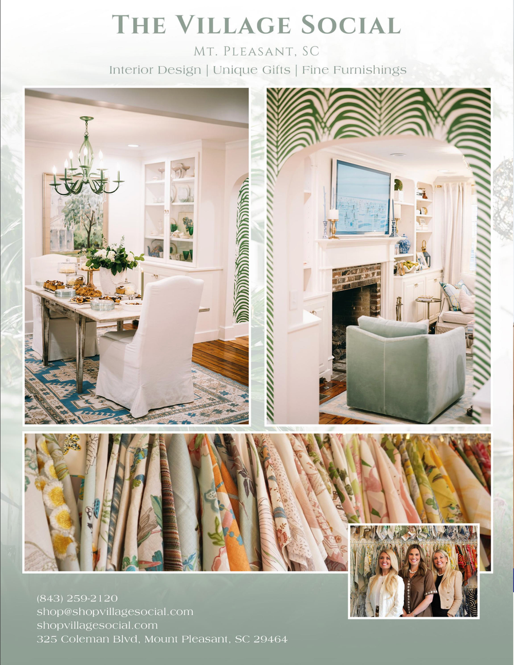 A full page advertisement for The Village Social, an interior design company featuring images of textiles from their storefront.