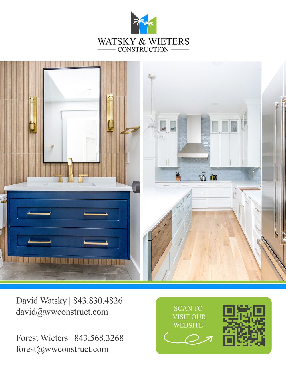 Modern kitchen renovation showcasing white cabinets, navy blue island, hardwood floors and brass accents in an open layout design.