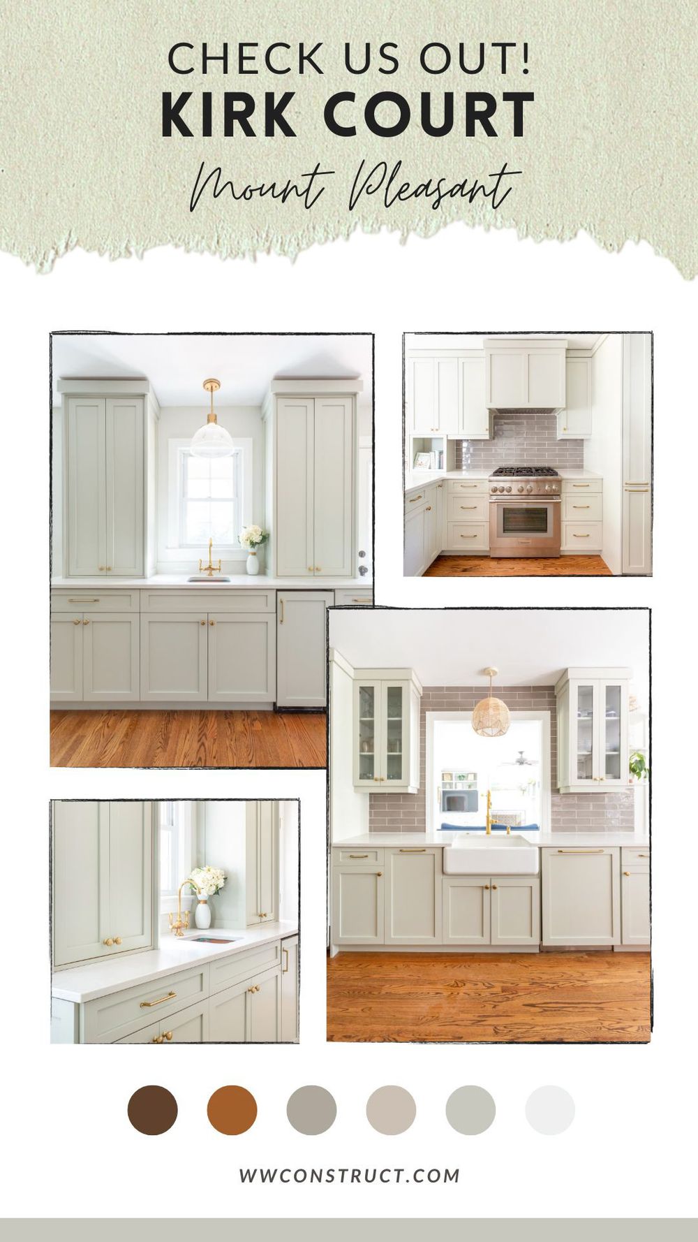 Interior design mood board featuring light gray kitchen cabinets and neutral color palette samples.