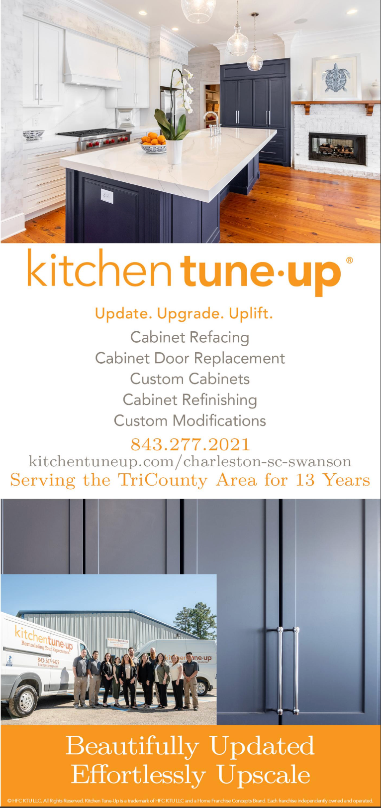 Kitchen Tune-Up company banner showcasing cabinet refacing and refinishing services with orange and white branding.