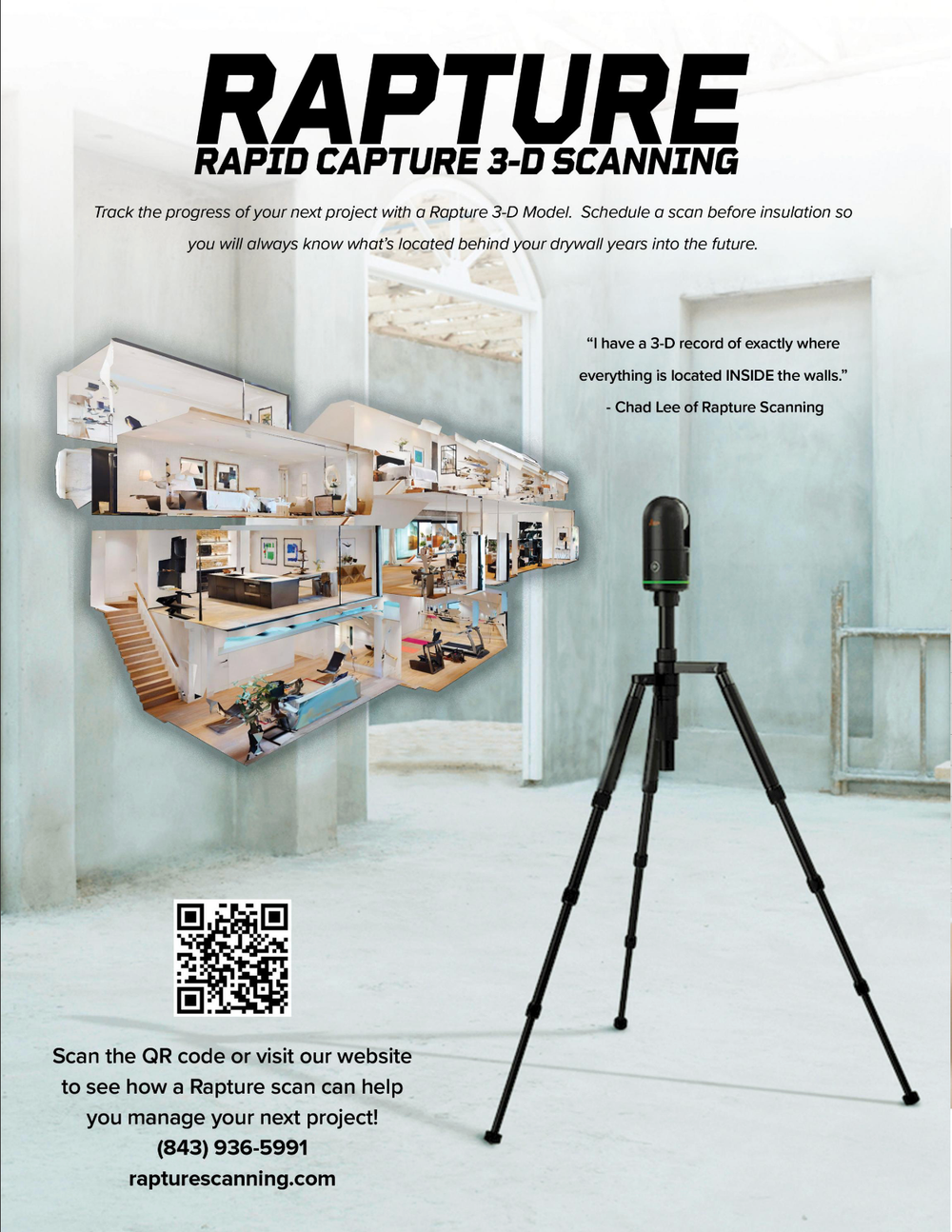 Professional tripod camera setup for 3D scanning and capturing real estate spaces shown in multiple marketing views.