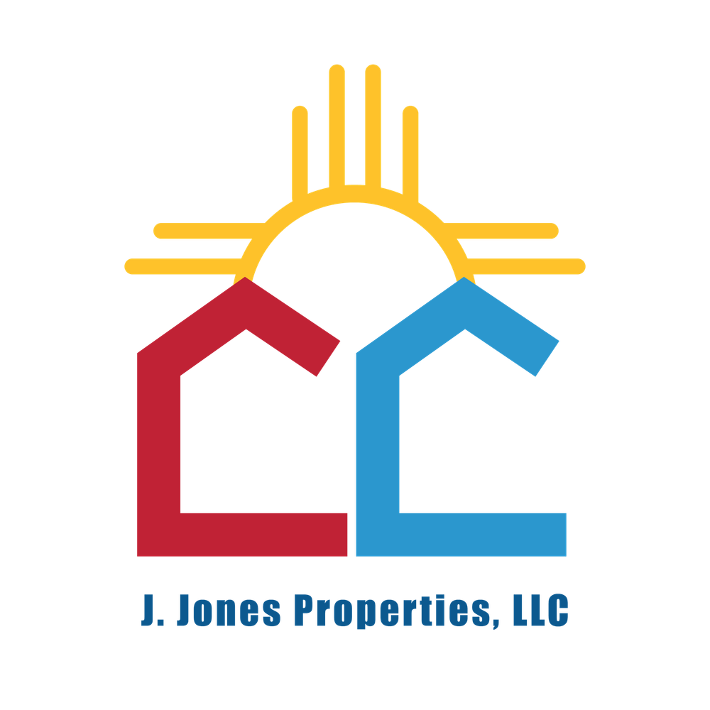 Modern real estate company logos for J. Jones Properties featuring stylized house designs in red and blue.