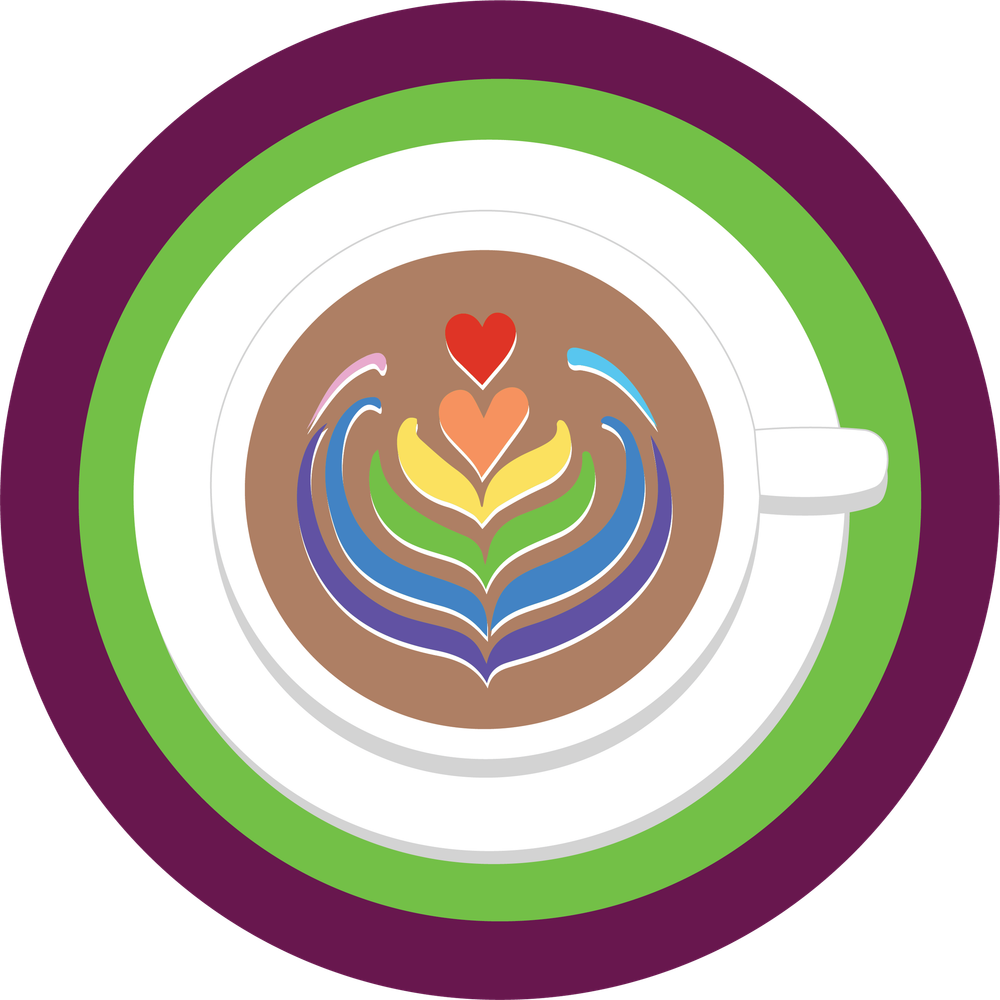 Series of circular coffee art designs showing hearts and latte art patterns in purple and green frames.