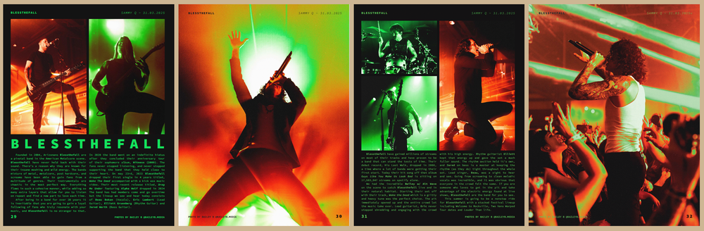 Dynamic concert photography series with green and red lighting effects on dark backgrounds.