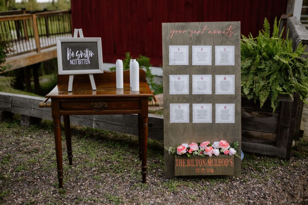 A rustic wooden table with signage and decorative elements sits in a garden setting with greenery and lattice backdrop.
