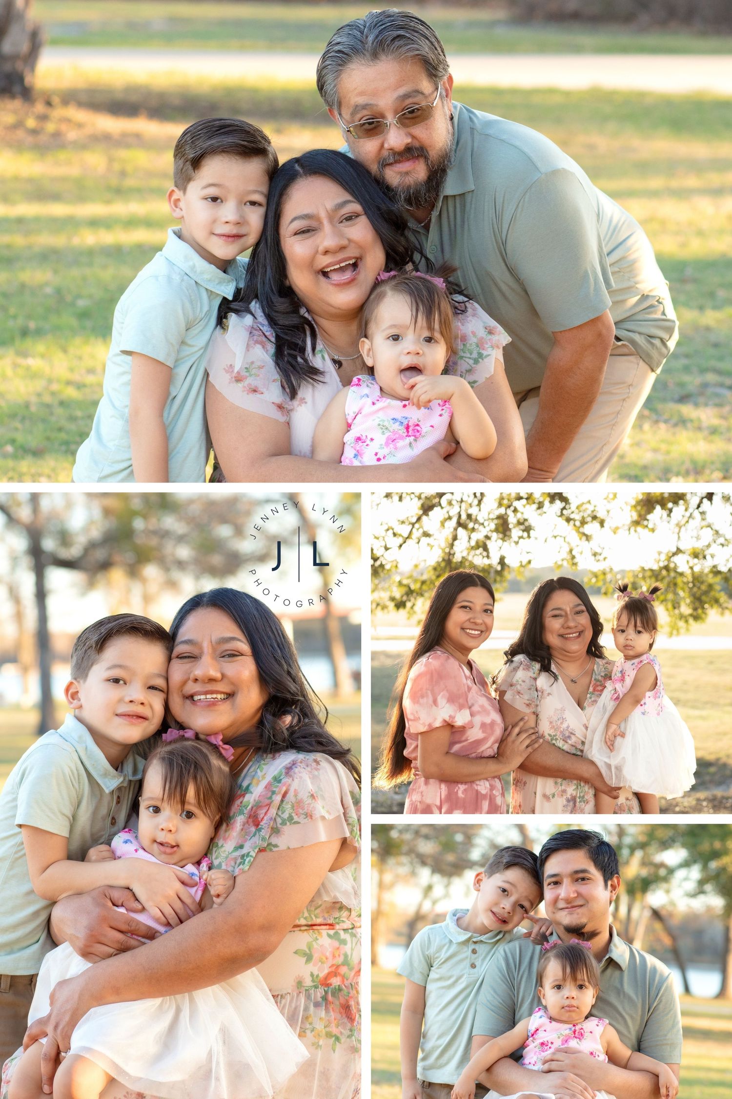 Sunset family photos with grandparents and grandkids during golden hour at Lakewood Park, Leander – Austin area extended family photographer