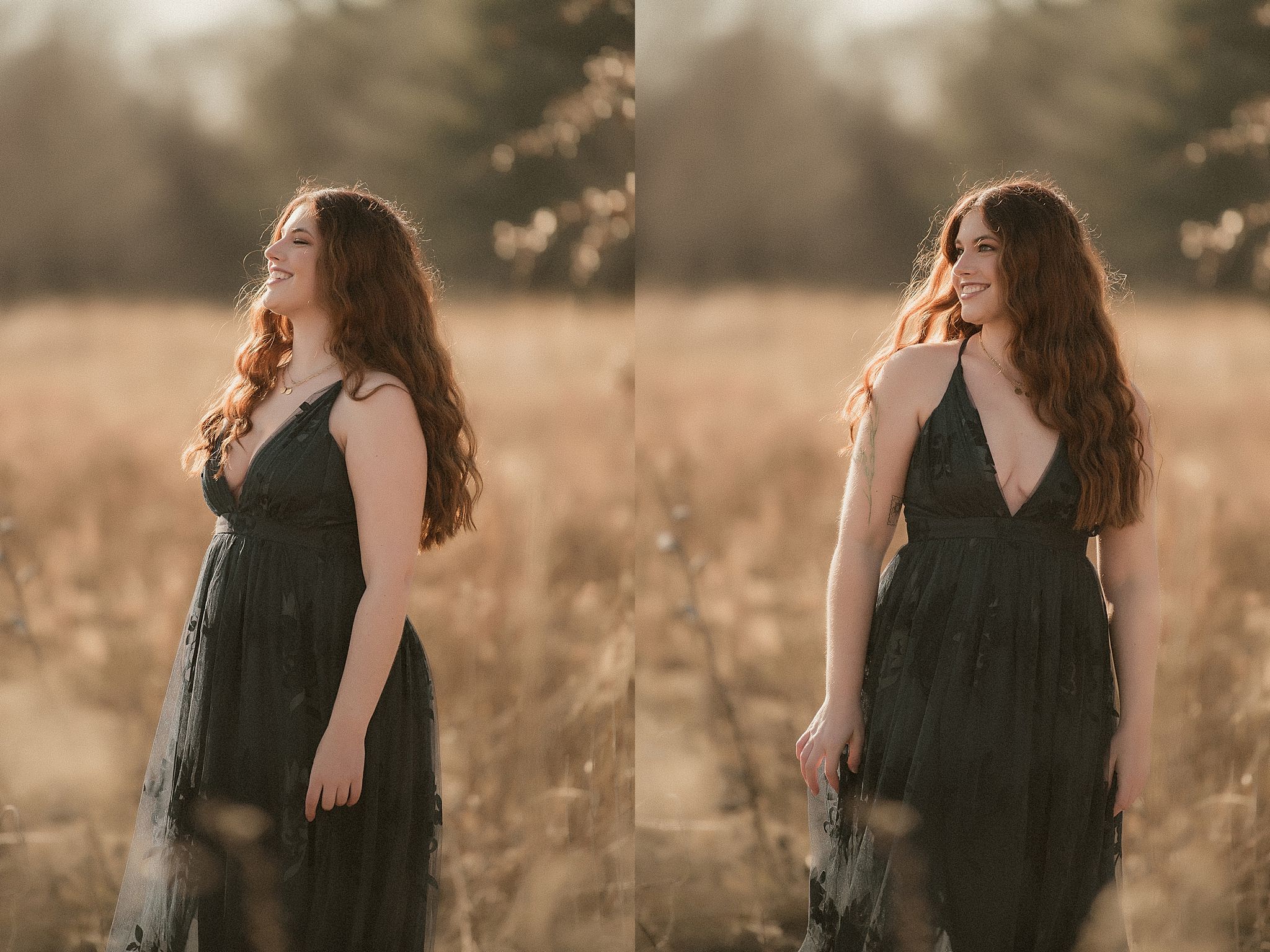 A person in a black dress poses gracefully in a golden sunlit field during sunset creating dreamy silhouettes.