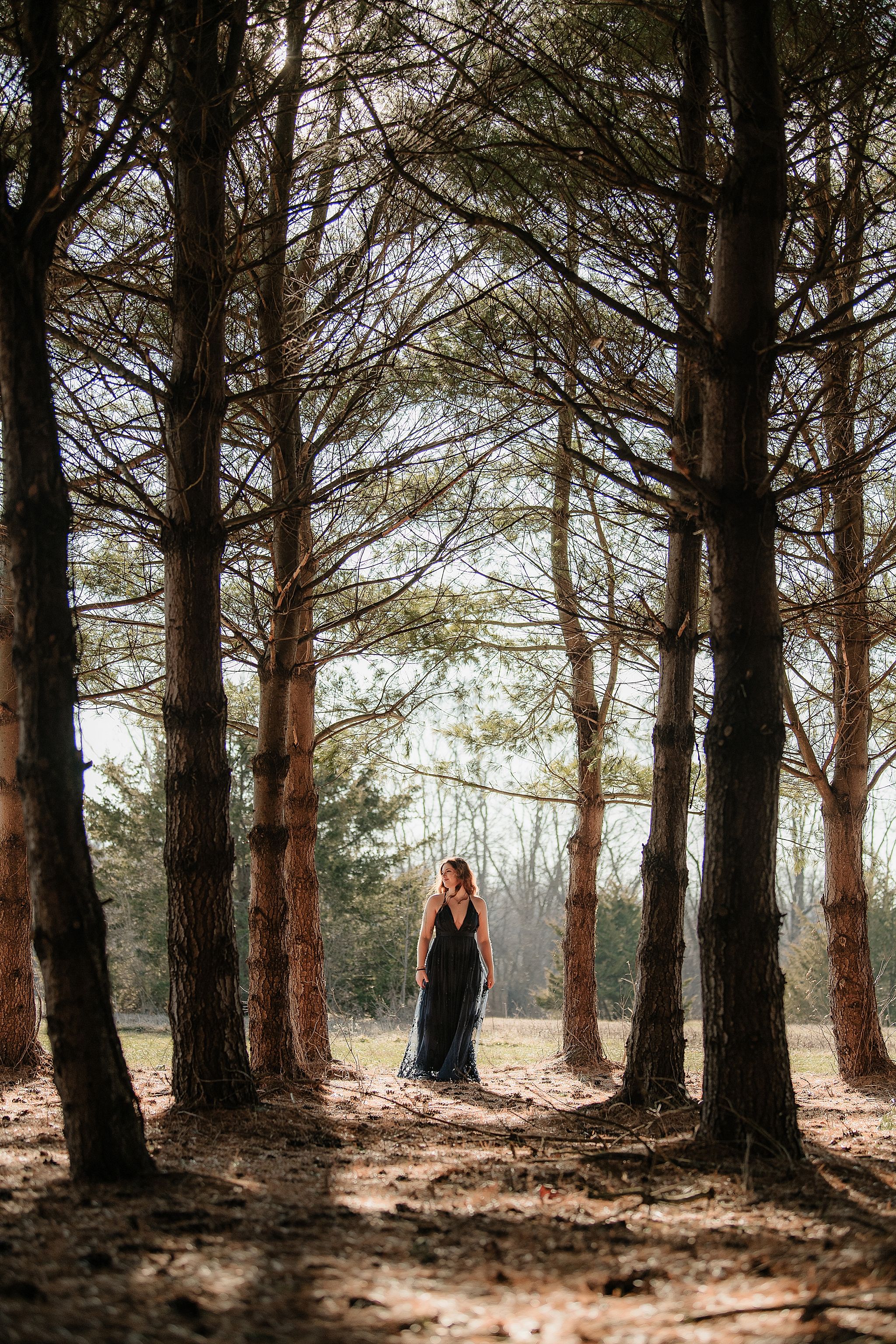 Silhouette of a person in a long dress standing among tall pine trees in a sunlit forest clearing.