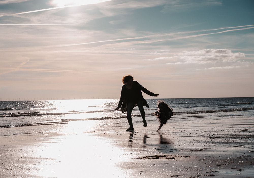 Frau tanzt ausgelassen mit ihrem Hund am Strand im warmen Licht des Sonnenuntergangs, farbiges Outdoor-Shooting Dänemark