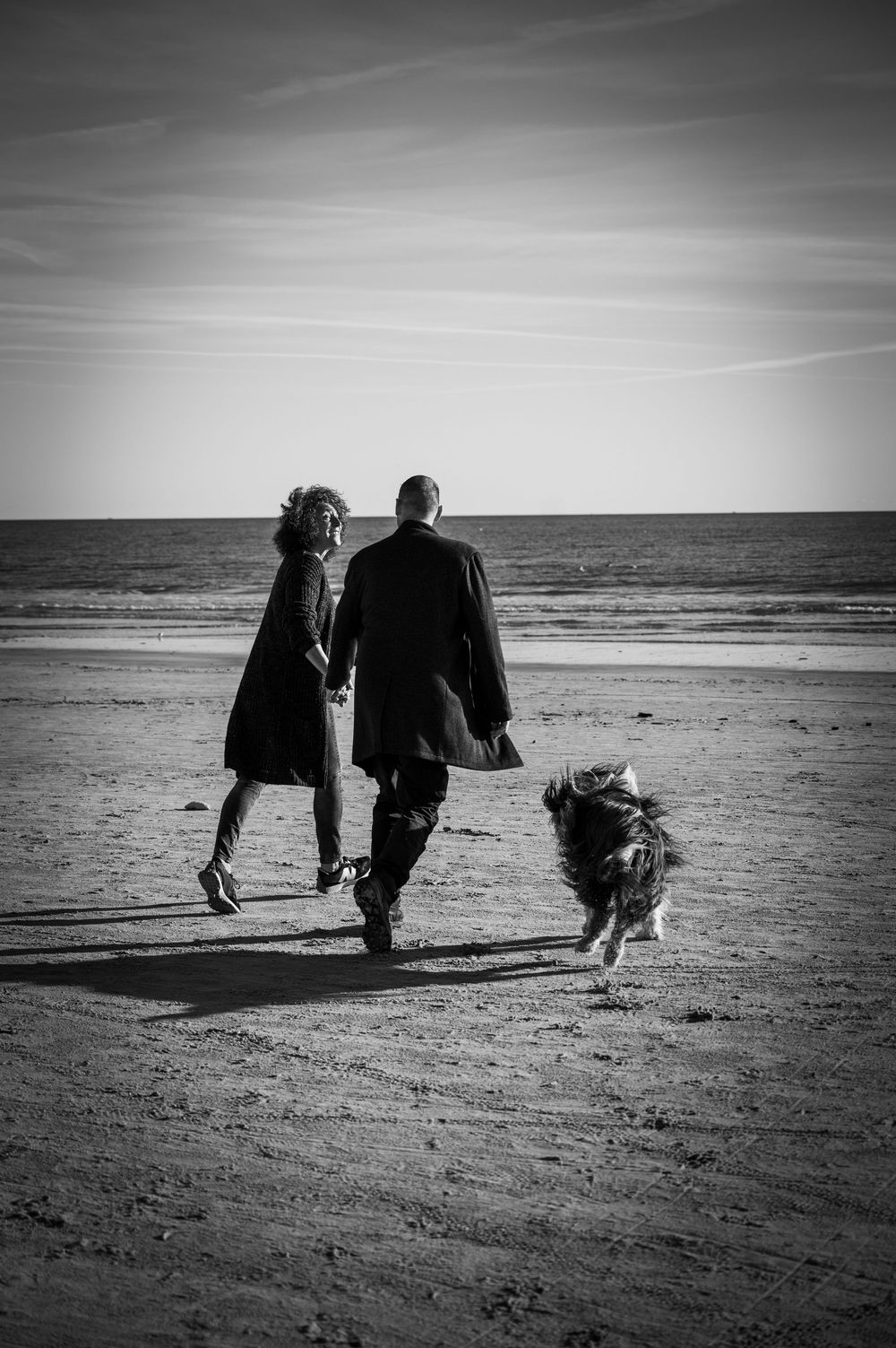 Pärchen rennt barfuß am Strand in Dänemark, Hund springt fröhlich neben ihnen