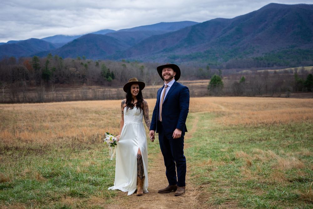 A couple in wedding attire stands in a field with the Blue Ridge Mountains creating a scenic backdrop.