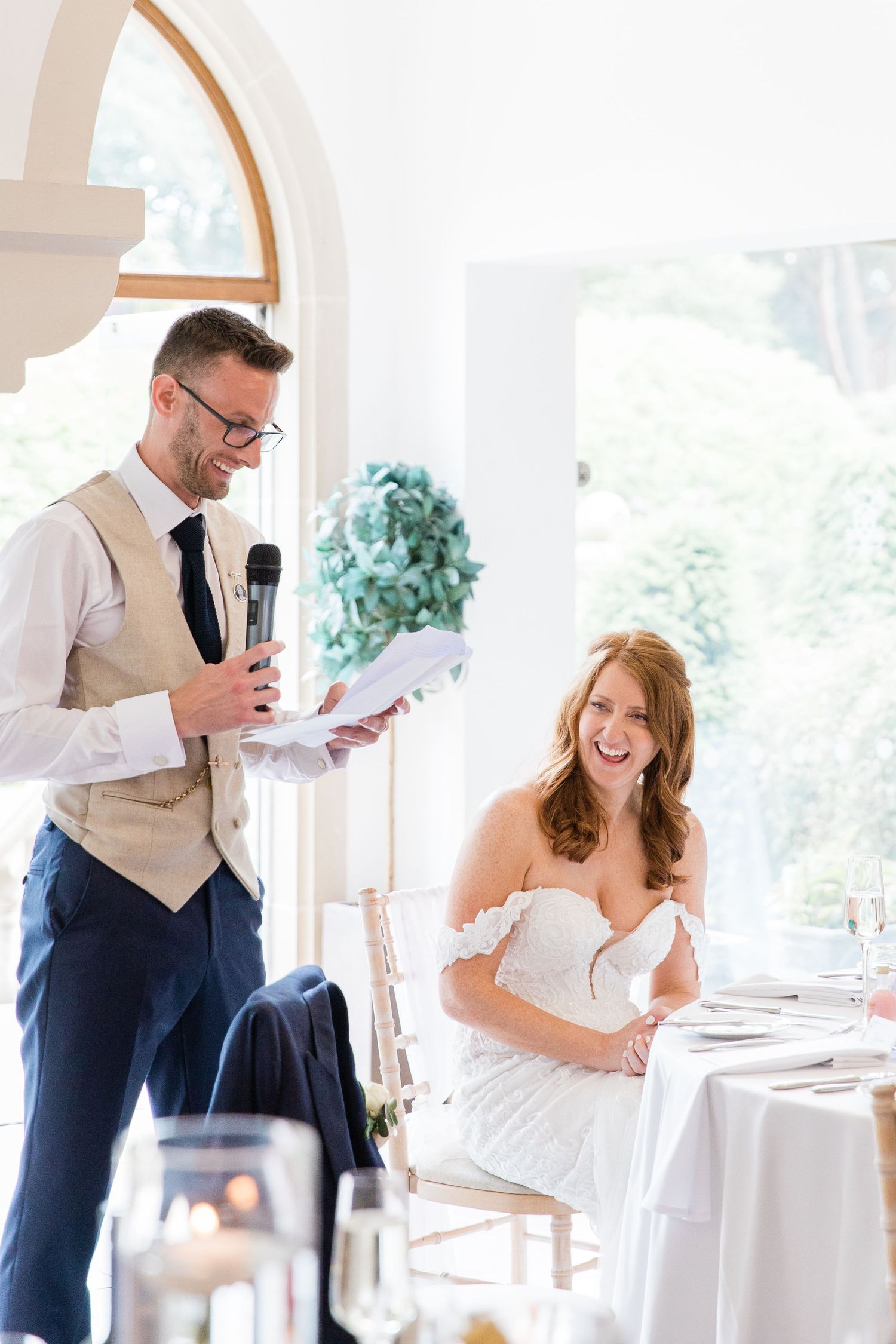 Groom delivering speech at his wedding, in the Italian Villa in Dorset, photographed by Maddie Waters Hampshire wedding photographer