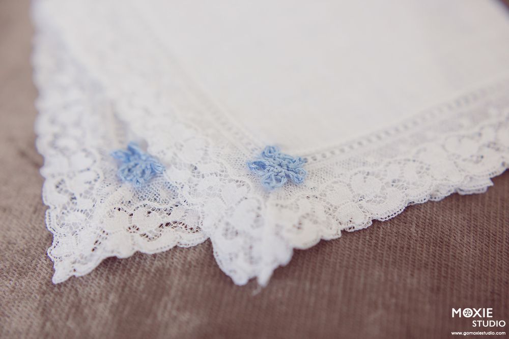 Delicate white lace trim with small blue floral embroidered details shown in a close-up horizontal view.