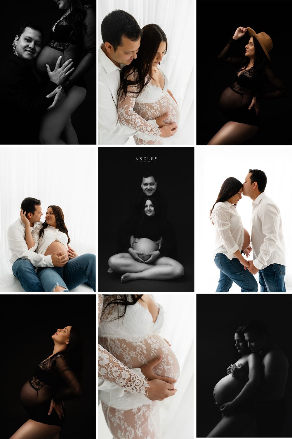 A collection of intimate maternity photoshoot images featuring artistic poses and lighting in black and white and color styles.
