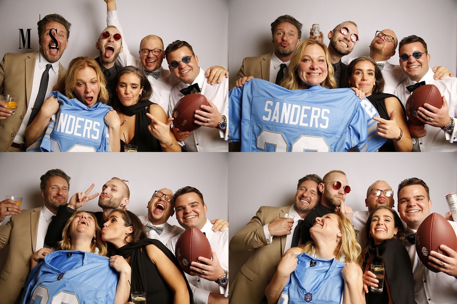 Group of friends pose for Photo Booth photos with Detroit Lions football jerseys and team memorabilia.
